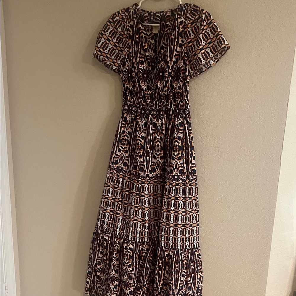 Maeve Anthropologie Somerset Geometric Print Maxi Dress in Brown/Orange/White